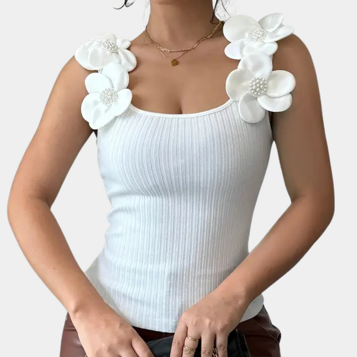 Elara | Women's Trendy White Sleeveless Top with Floral Details