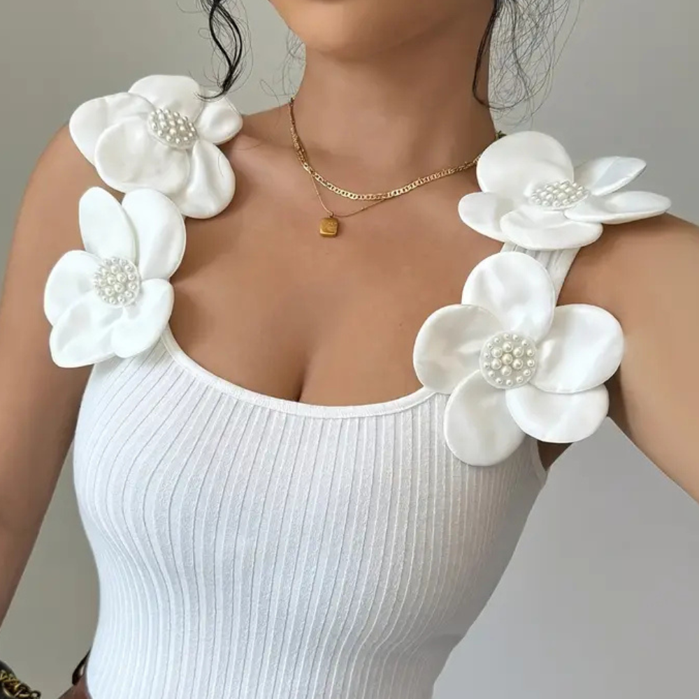 Elara | Women's Trendy White Sleeveless Top with Floral Details