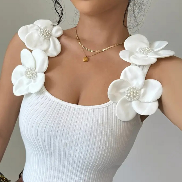 Elara | Women's Trendy White Sleeveless Top with Floral Details