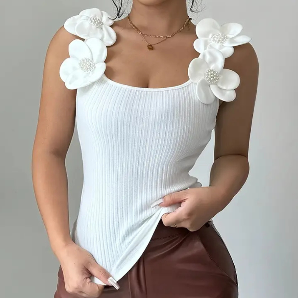 Elara | Women's Trendy White Sleeveless Top with Floral Details
