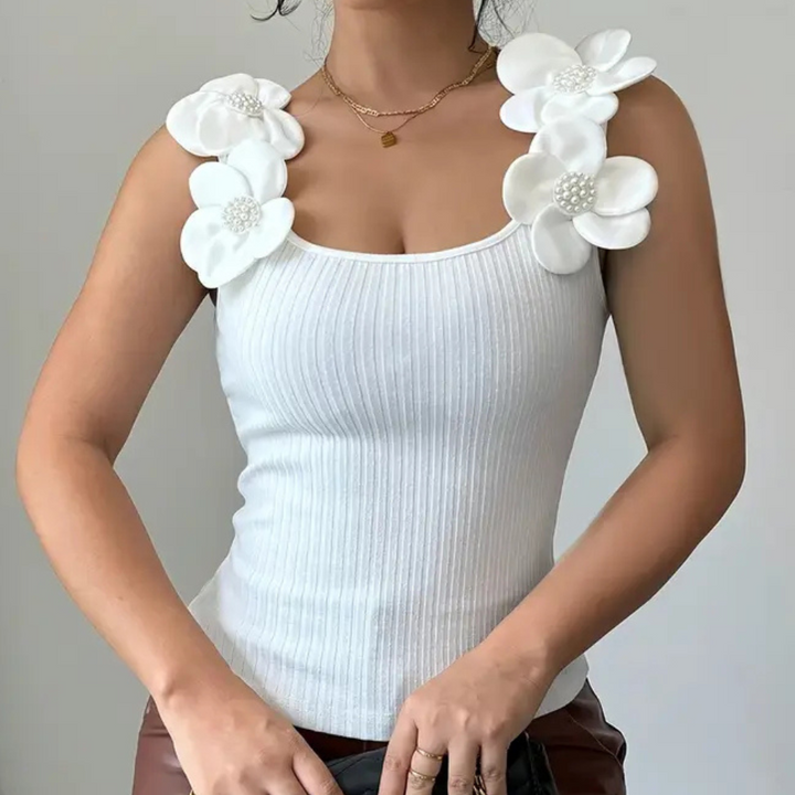 Elara | Women's Trendy White Sleeveless Top with Floral Details