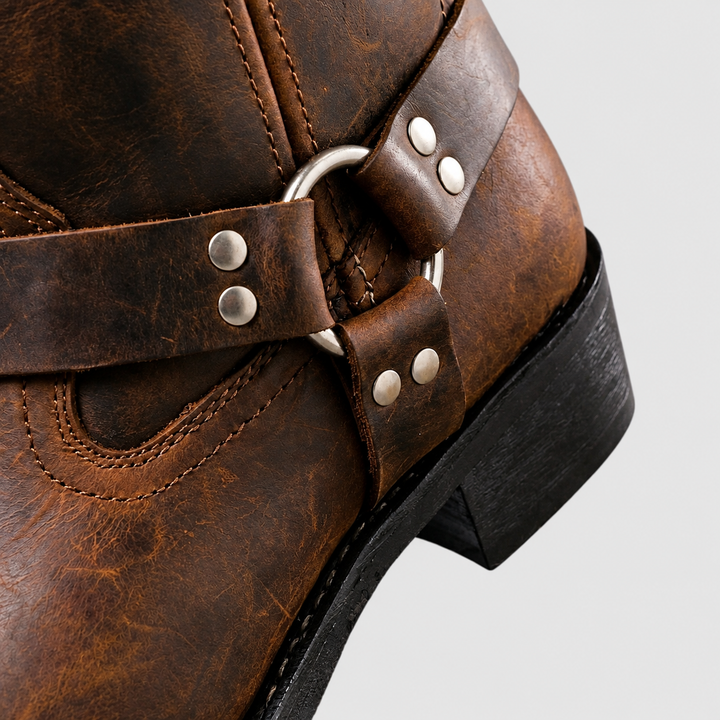 Men's Genuine Leather Mid-Calf Harness-Strap Boots