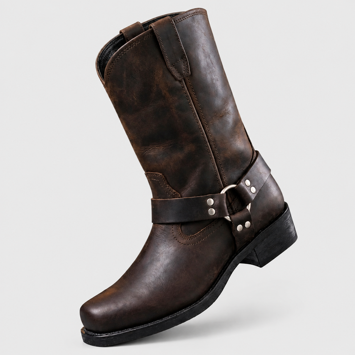Men's Genuine Leather Mid-Calf Harness-Strap Boots
