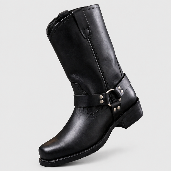 Men's Genuine Leather Mid-Calf Harness-Strap Boots