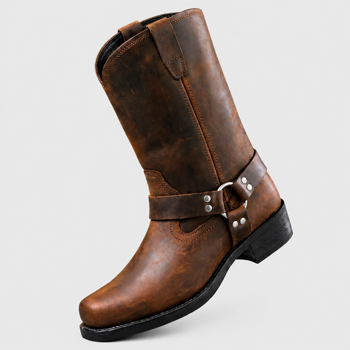 Men's Genuine Leather Mid-Calf Harness-Strap Boots