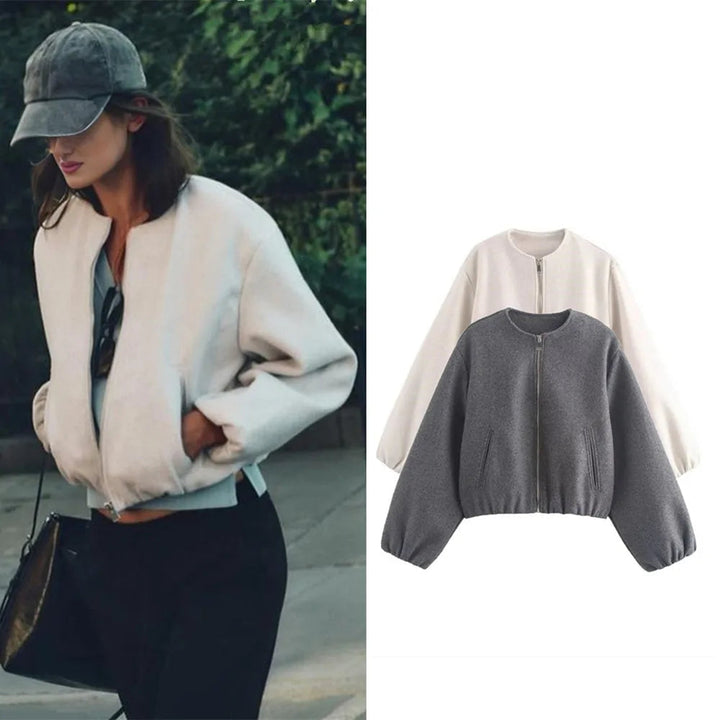 Women's Cropped Bomber Jacket with Zipper - Casual Tricot Style