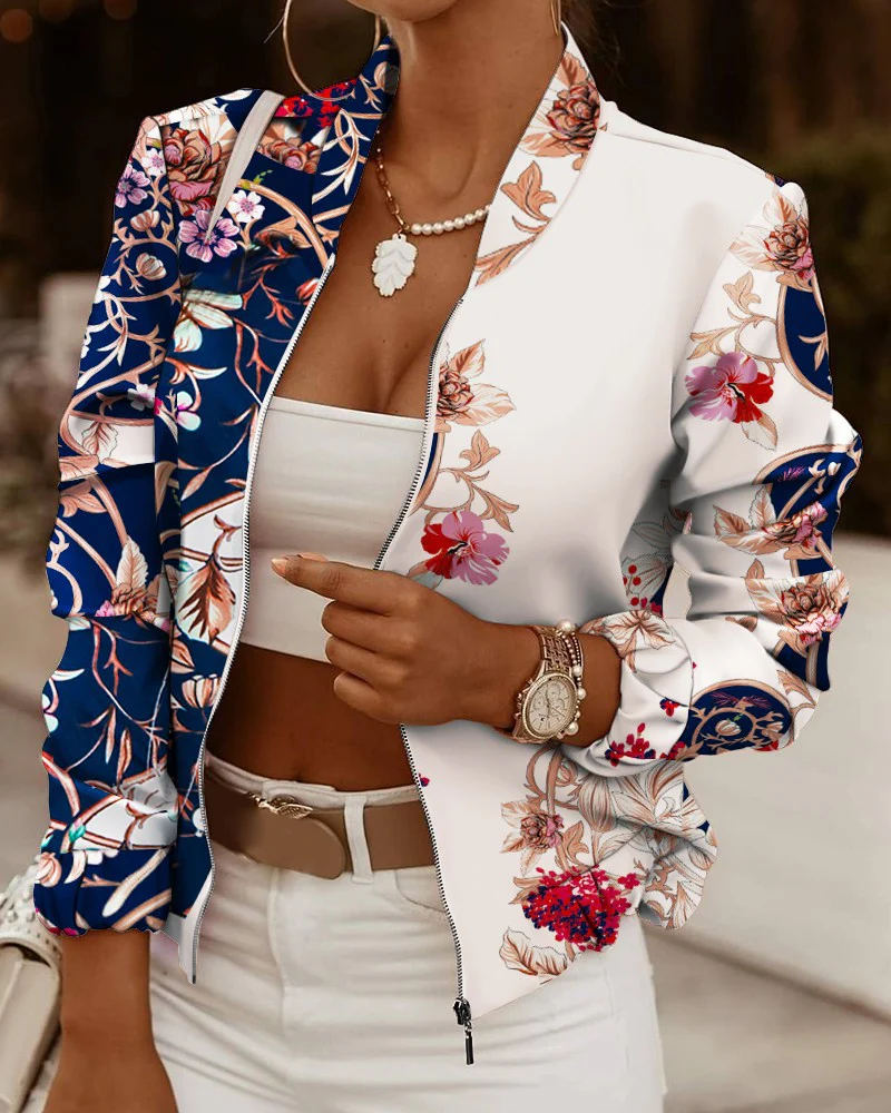 Women's Floral Zip Bomber Jacket