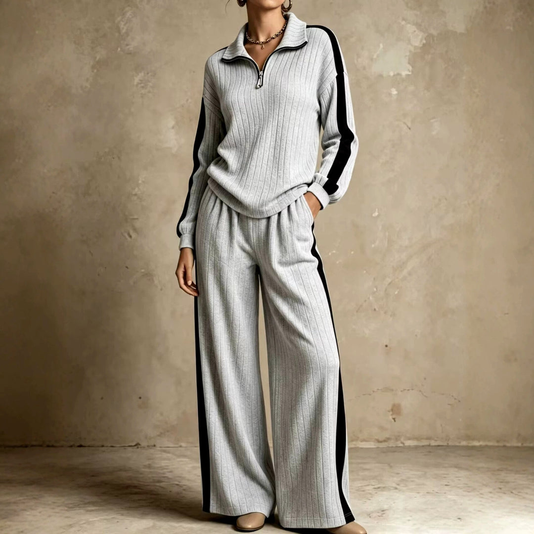 Women's Half-Zip Ribbed Top and Wide-Leg Pants Set