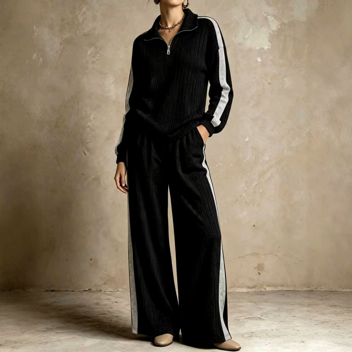 Women's Half-Zip Ribbed Top and Wide-Leg Pants Set