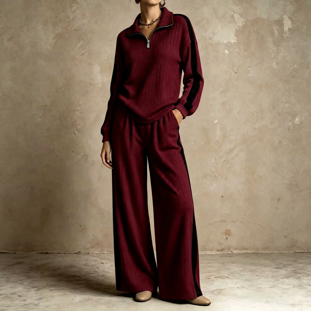 Women's Half-Zip Ribbed Top and Wide-Leg Pants Set