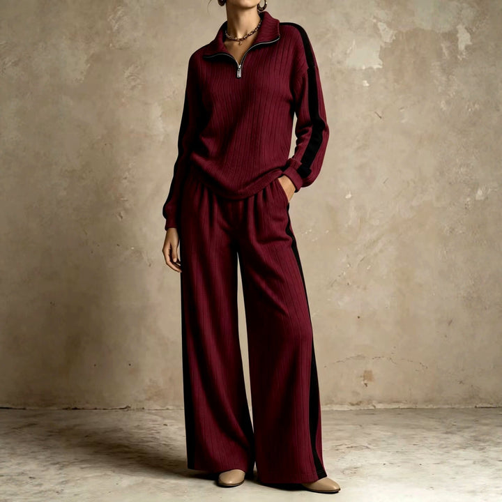 Women's Half-Zip Ribbed Top and Wide-Leg Pants Set