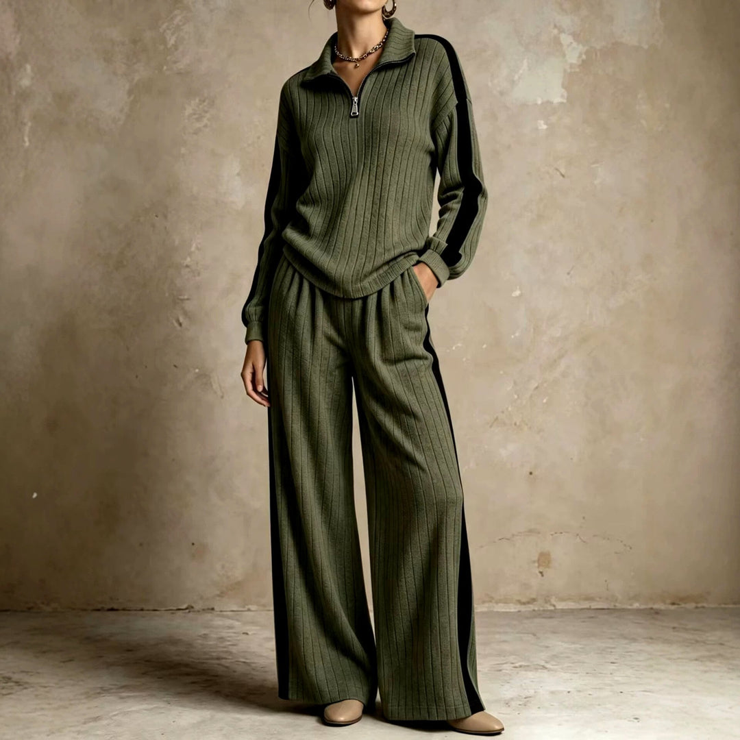 Women's Half-Zip Ribbed Top and Wide-Leg Pants Set