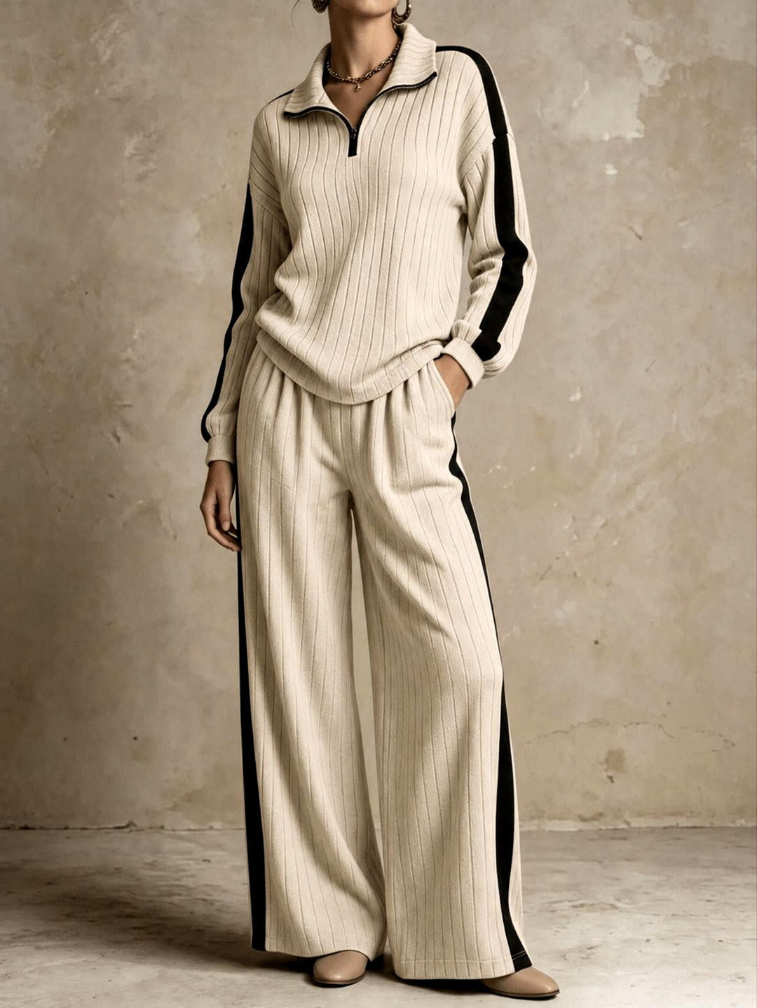 Women's Half-Zip Ribbed Top and Wide-Leg Pants Set