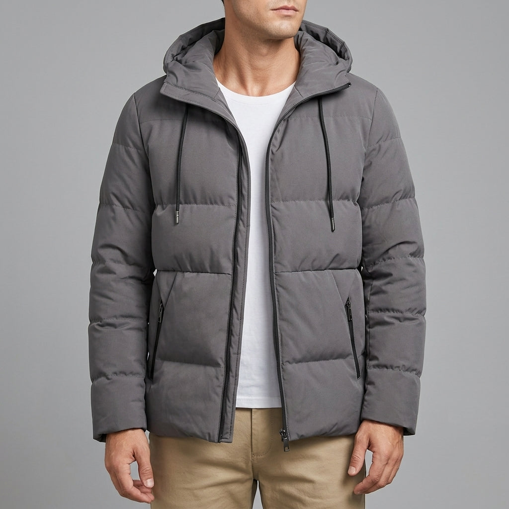 Men's Quilted Puffer Jacket with Drawstring Hood