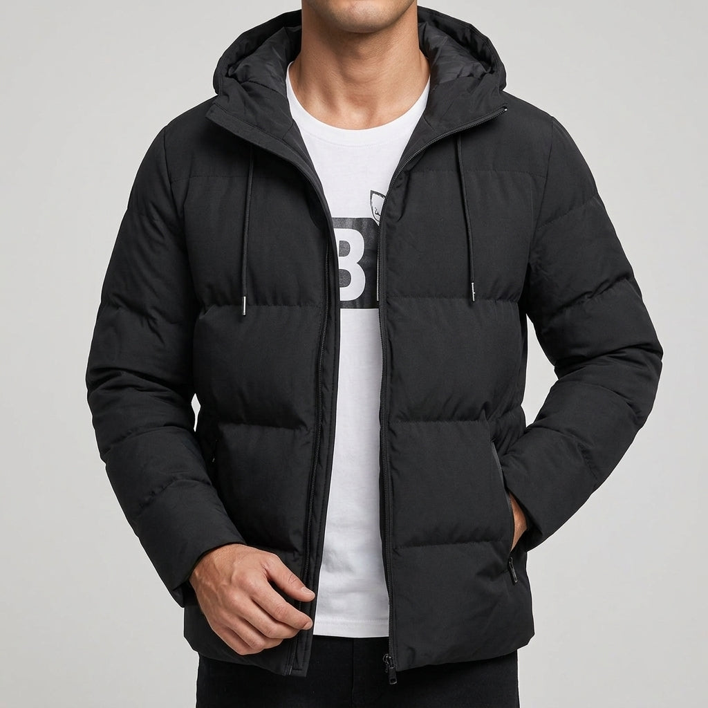 Men's Quilted Puffer Jacket with Drawstring Hood
