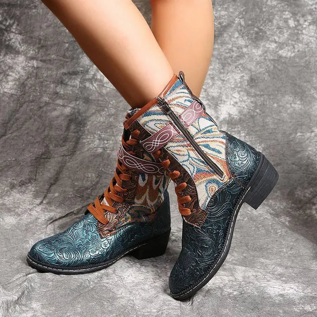 Women's Lace-Up Patterned Ankle Booties