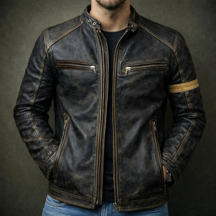 Men's Distressed Faux Leather Zip-Up Motorcycle Jacket