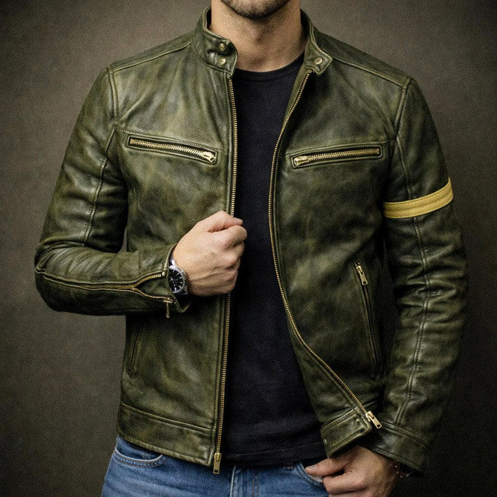 Men's Distressed Faux Leather Zip-Up Motorcycle Jacket