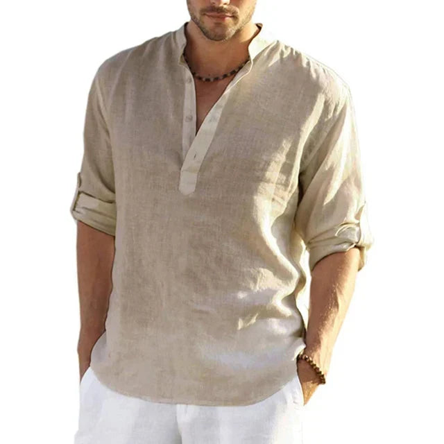 Men's Lightweight Breathable Band Collar Linen Shirt