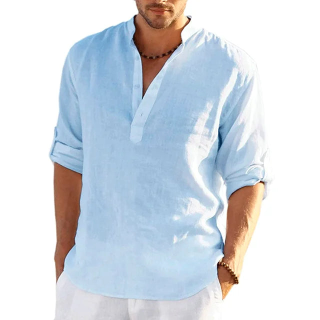 Men's Lightweight Breathable Band Collar Linen Shirt