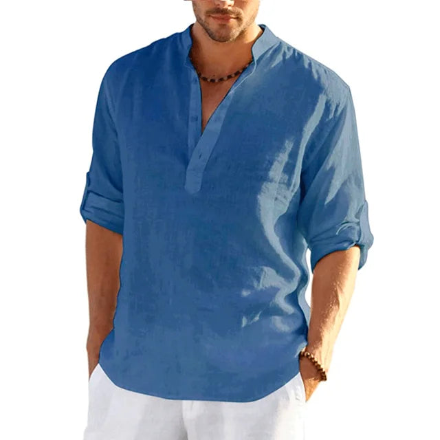 Men's Lightweight Breathable Band Collar Linen Shirt