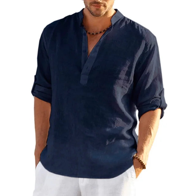 Men's Lightweight Breathable Band Collar Linen Shirt