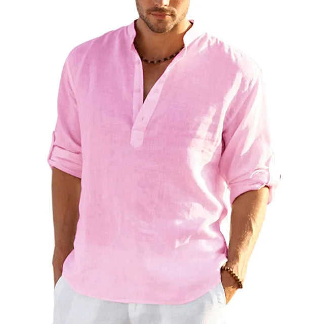 Men's Lightweight Breathable Band Collar Linen Shirt