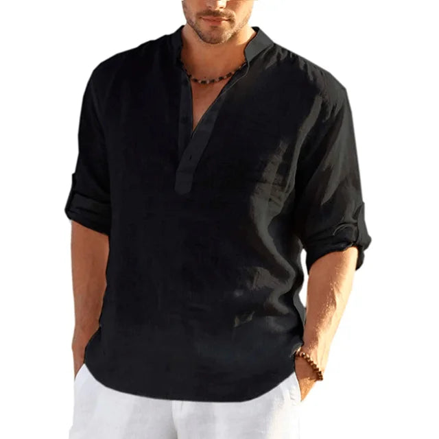Men's Lightweight Breathable Band Collar Linen Shirt