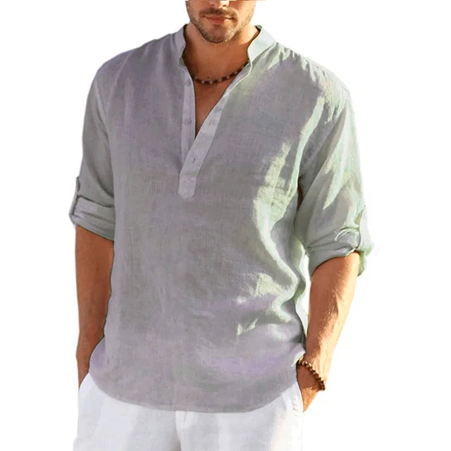 Men's Lightweight Breathable Band Collar Linen Shirt