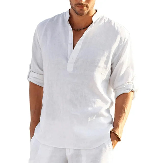 Men's Lightweight Breathable Band Collar Linen Shirt