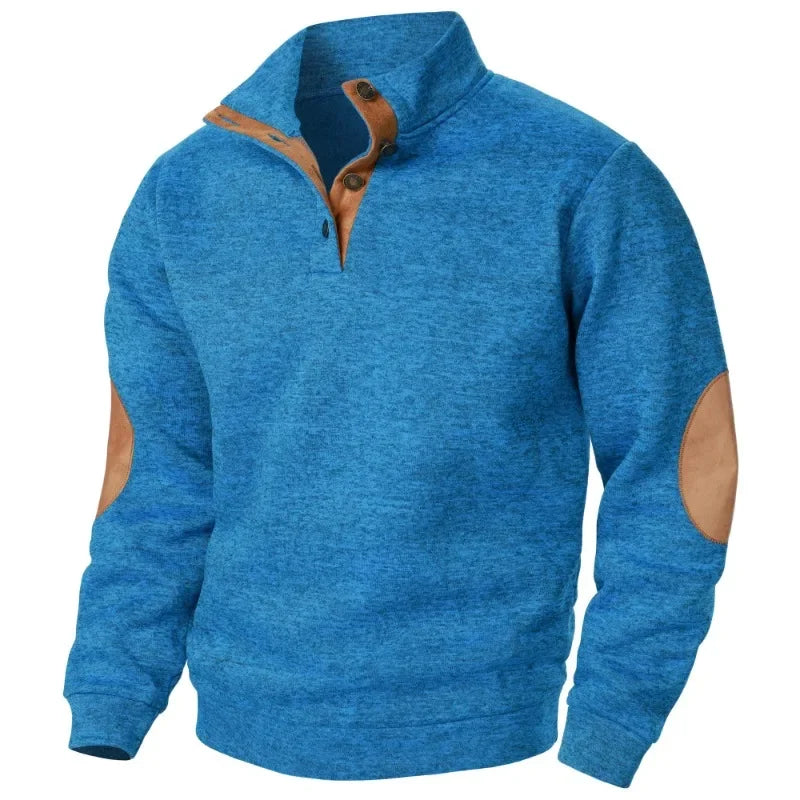 Men's Cozy Button-Neck Sweatshirt with Suede Accents