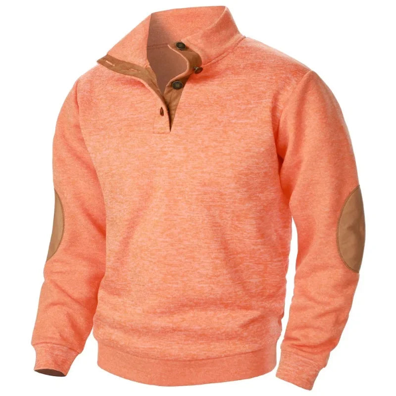 Men's Cozy Button-Neck Sweatshirt with Suede Accents