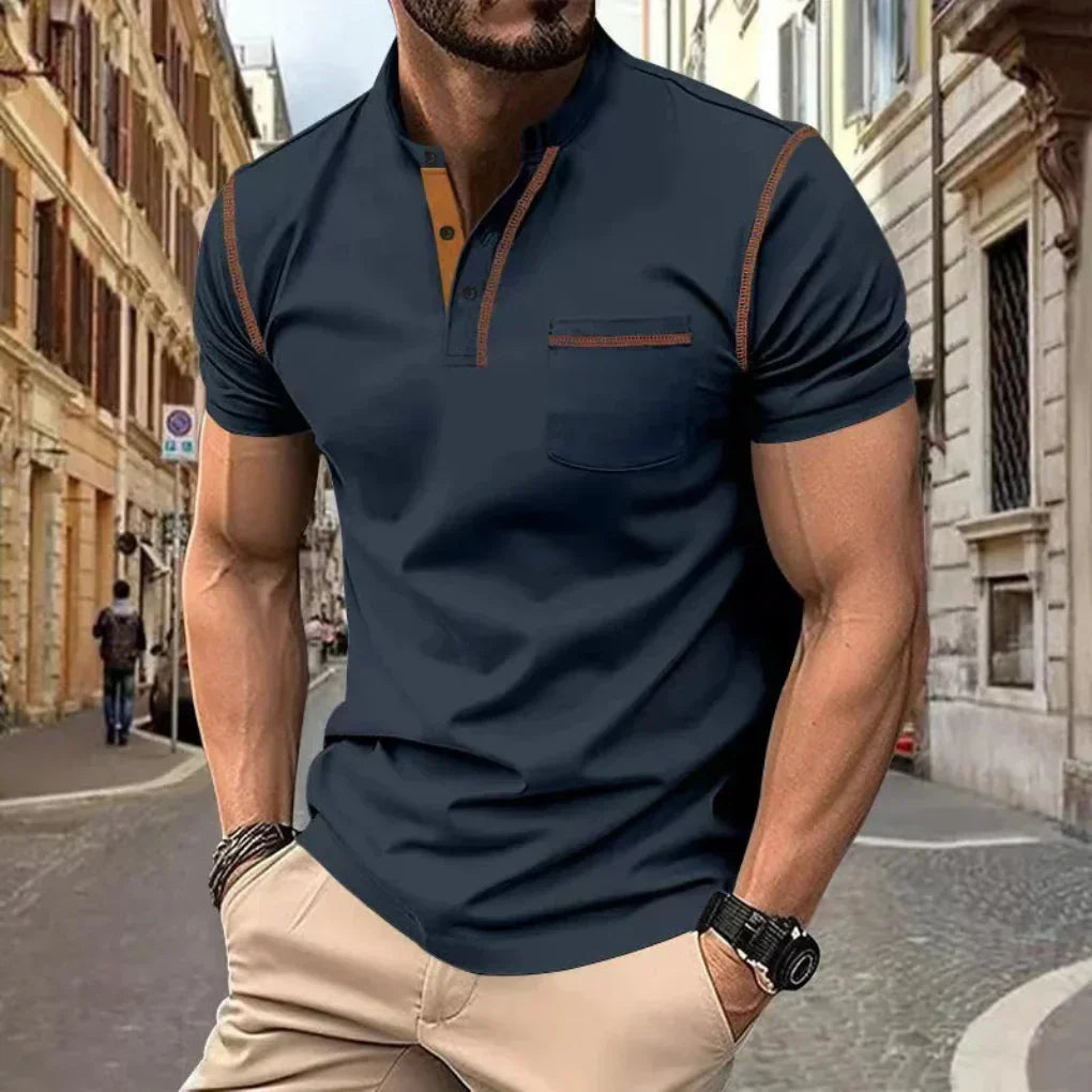 Men's Henley Polo Shirt with Contrast Stitching