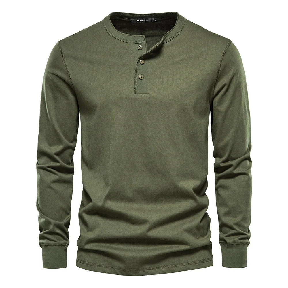 Men's Cotton Long Sleeve Buttoned Neck T-Shirt