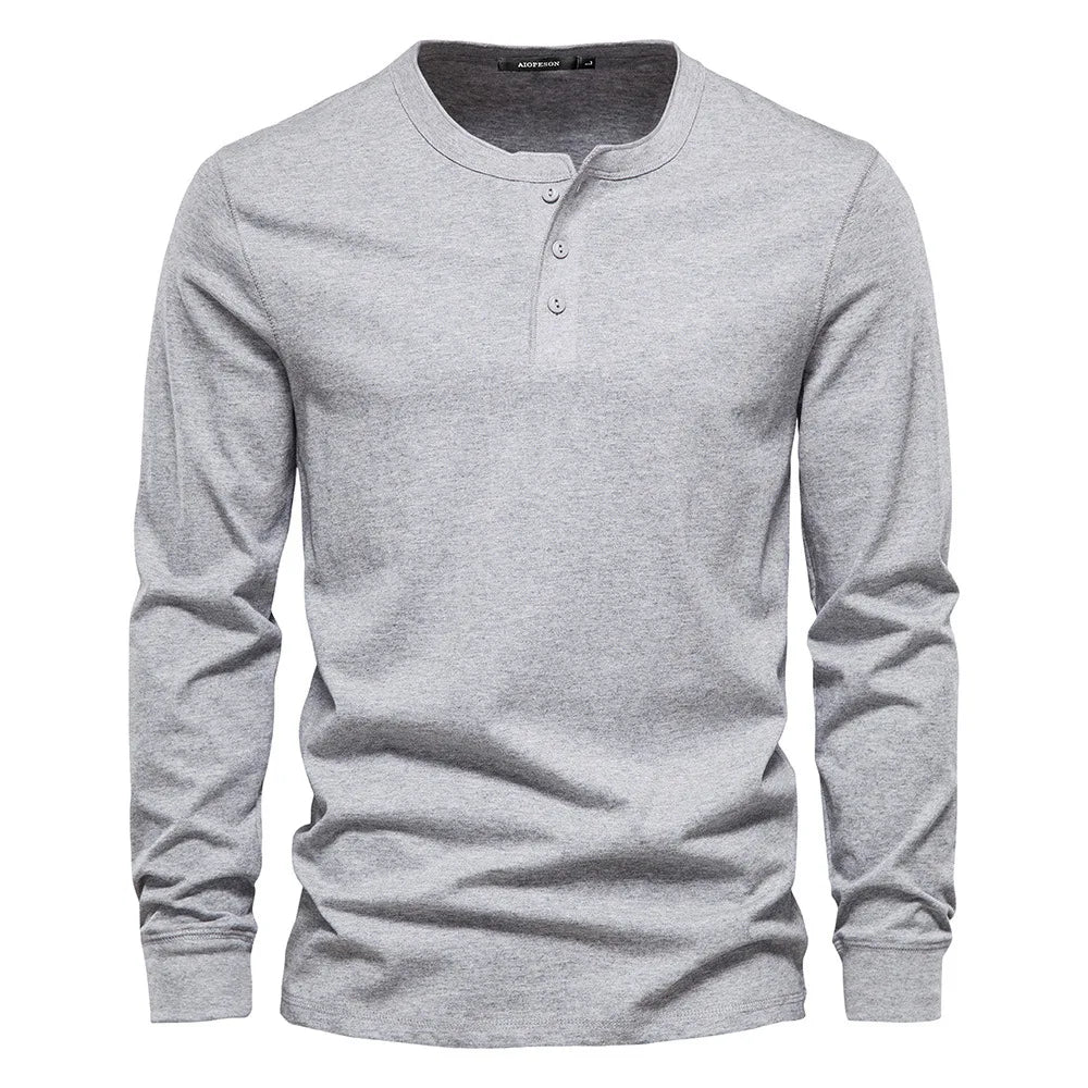 Men's Cotton Long Sleeve Buttoned Neck T-Shirt