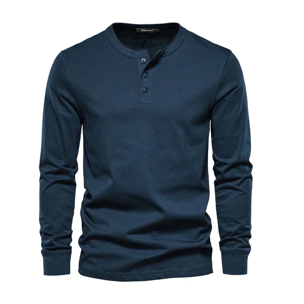 Men's Cotton Long Sleeve Buttoned Neck T-Shirt