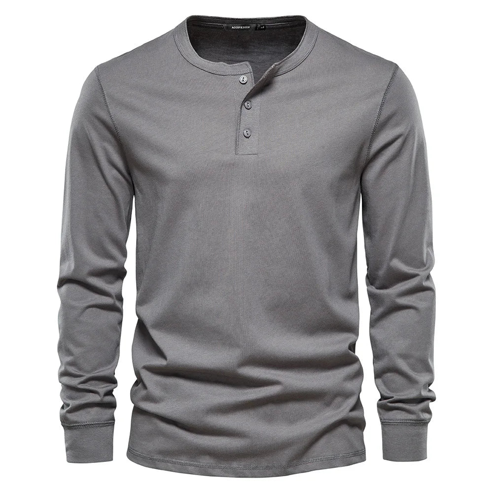 Men's Cotton Long Sleeve Buttoned Neck T-Shirt