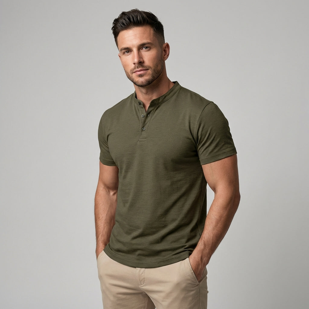 Men's Short Sleeve Casual Banded Collar Shirt