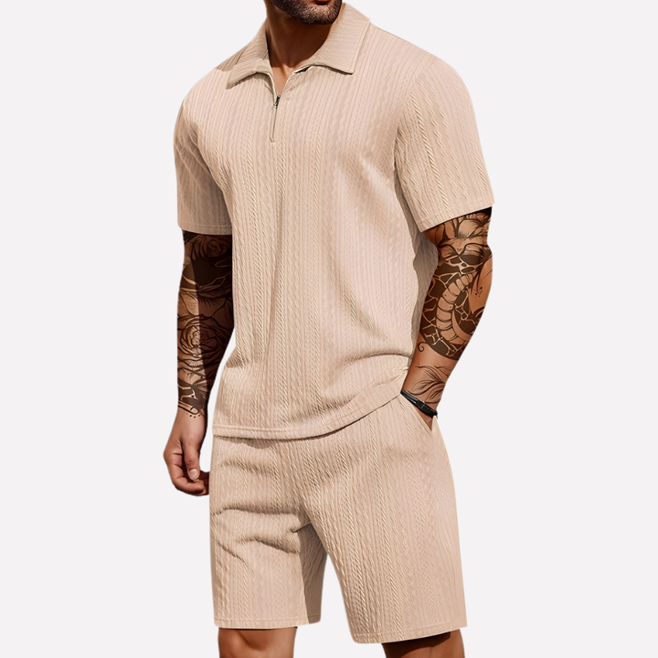Men's Textured Quarter-Zip Polo and Shorts Outfit