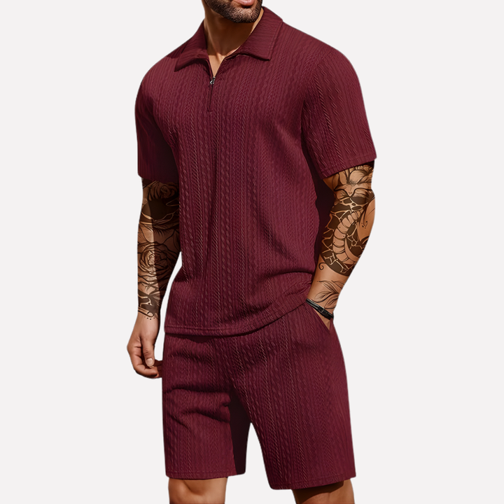 Men's Textured Quarter-Zip Polo and Shorts Outfit