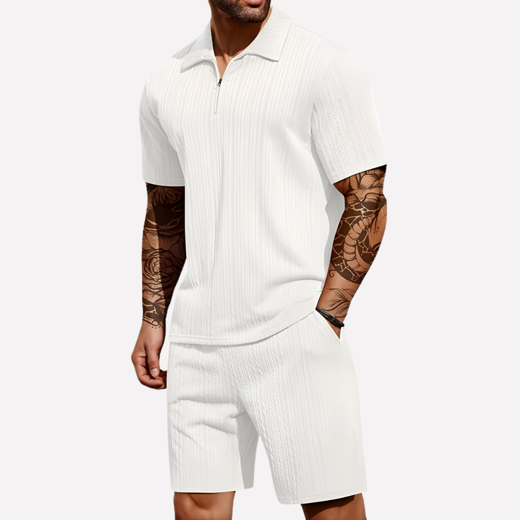 Men's Textured Quarter-Zip Polo and Shorts Outfit
