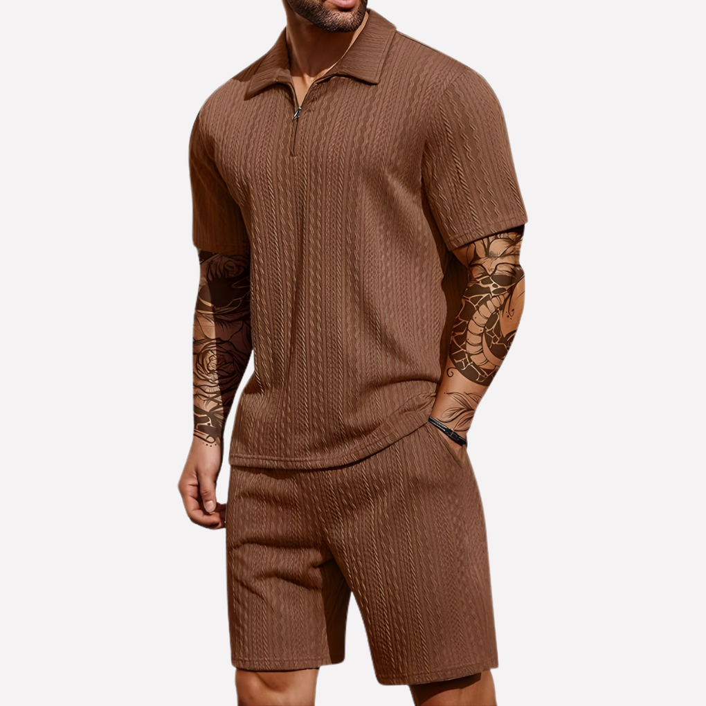 Men's Textured Quarter-Zip Polo and Shorts Outfit