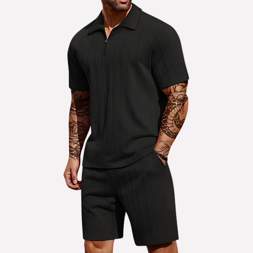 Men's Textured Quarter-Zip Polo and Shorts Outfit