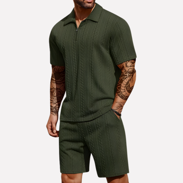 Men's Textured Quarter-Zip Polo and Shorts Outfit