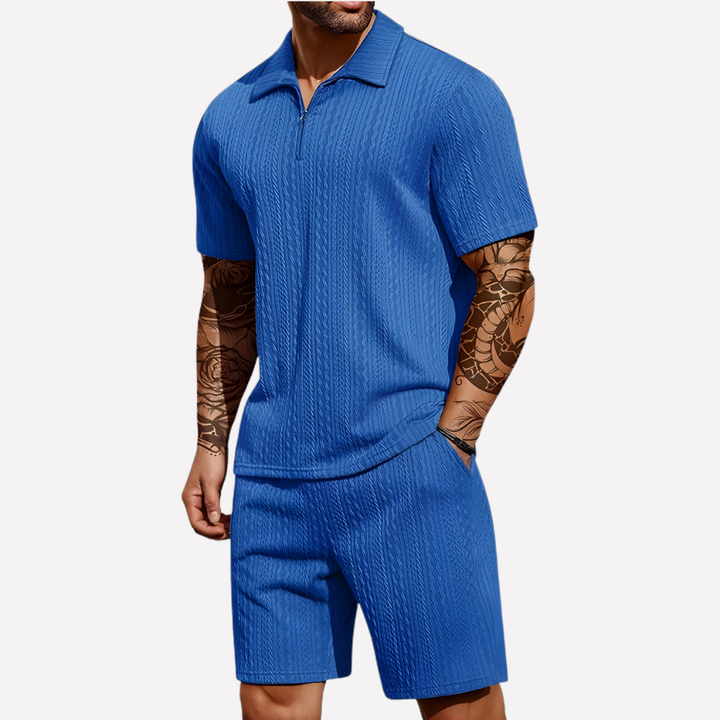 Men's Textured Quarter-Zip Polo and Shorts Outfit