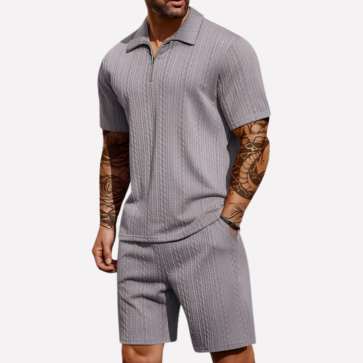 Men's Textured Quarter-Zip Polo and Shorts Outfit