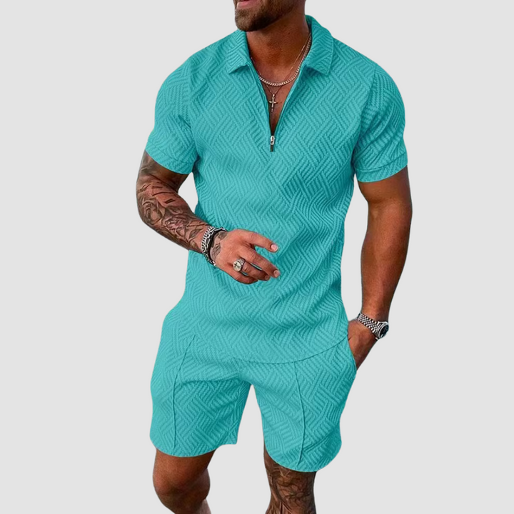 Men's Relaxed Textured Zip Polo and Shorts Outfit