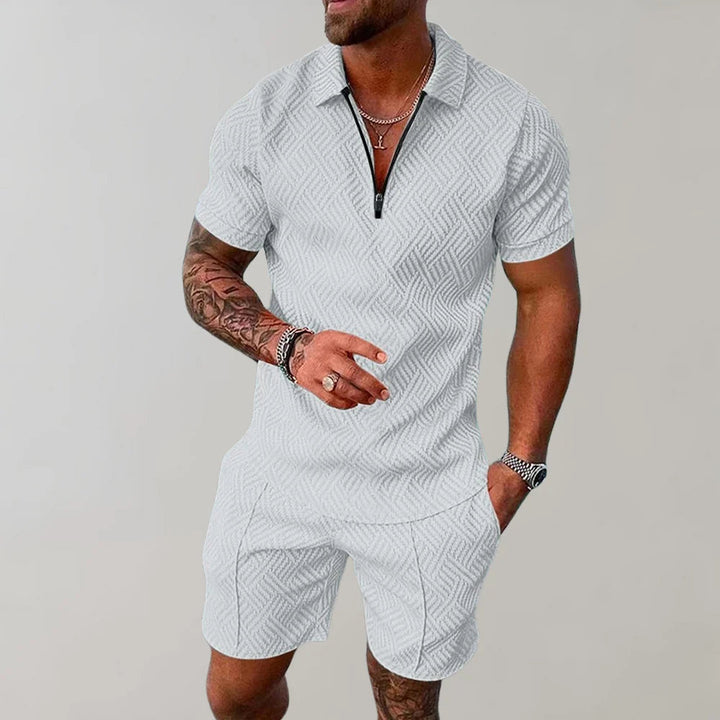Men's Relaxed Textured Zip Polo and Shorts Outfit