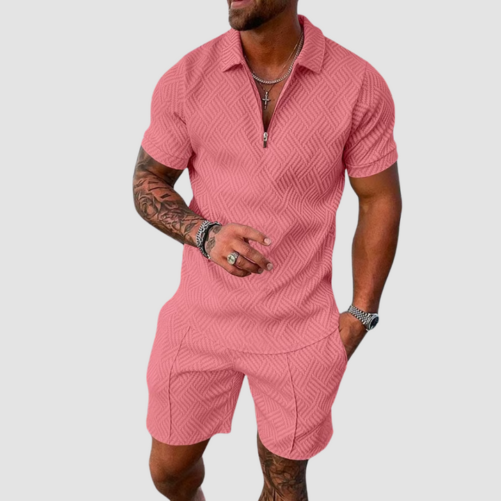 Men's Relaxed Textured Zip Polo and Shorts Outfit