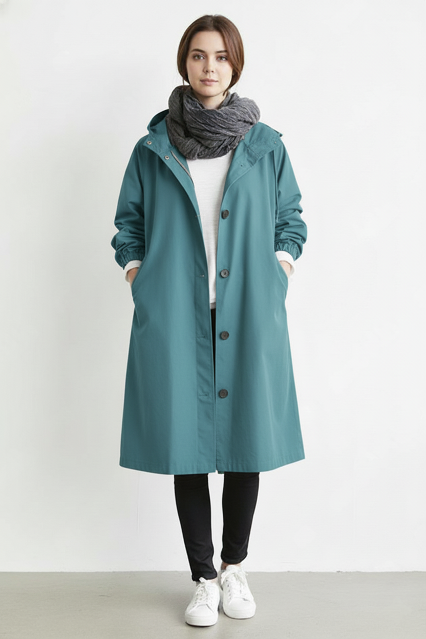 Women's Windproof and Waterproof Trench Coat with Hood for Autumn & Winter